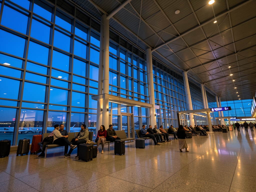 Wide view modern airport terminal dusk passengers seated