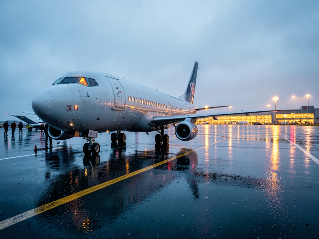 Rainy runway with parked aircraft reflections distant terminal