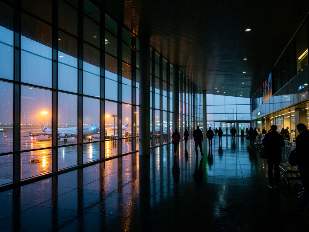 rain darkened modern European airport terminal dusk glass walls