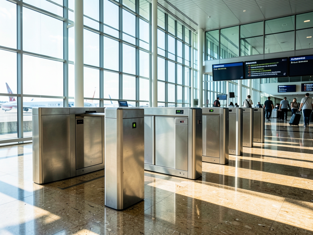 Sunlit airport terminal interior with sleek metallic turnstiles