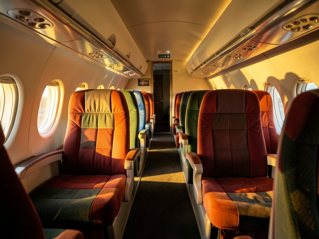 Warm golden hour light illuminates spacious cabin aisle