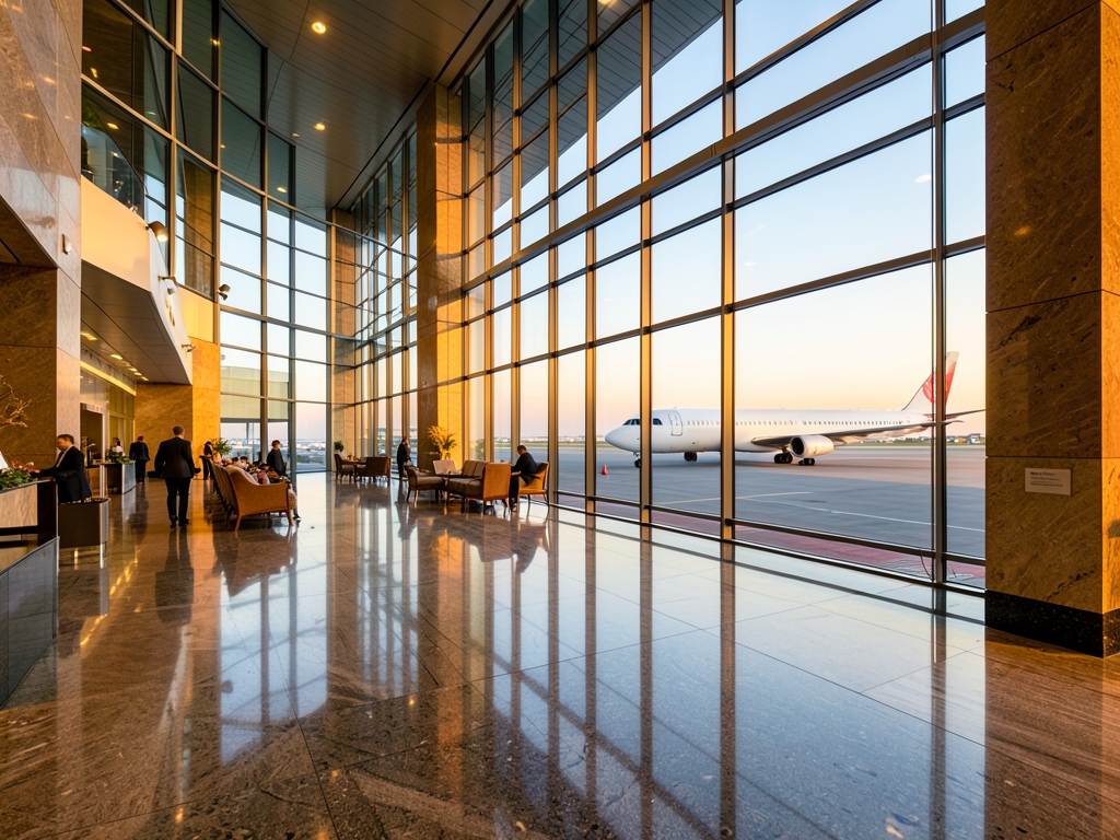 Soft evening light spacious glass and stone terminal polished walkway