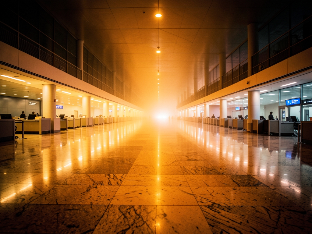 vast airport terminal night warm amber light spilling