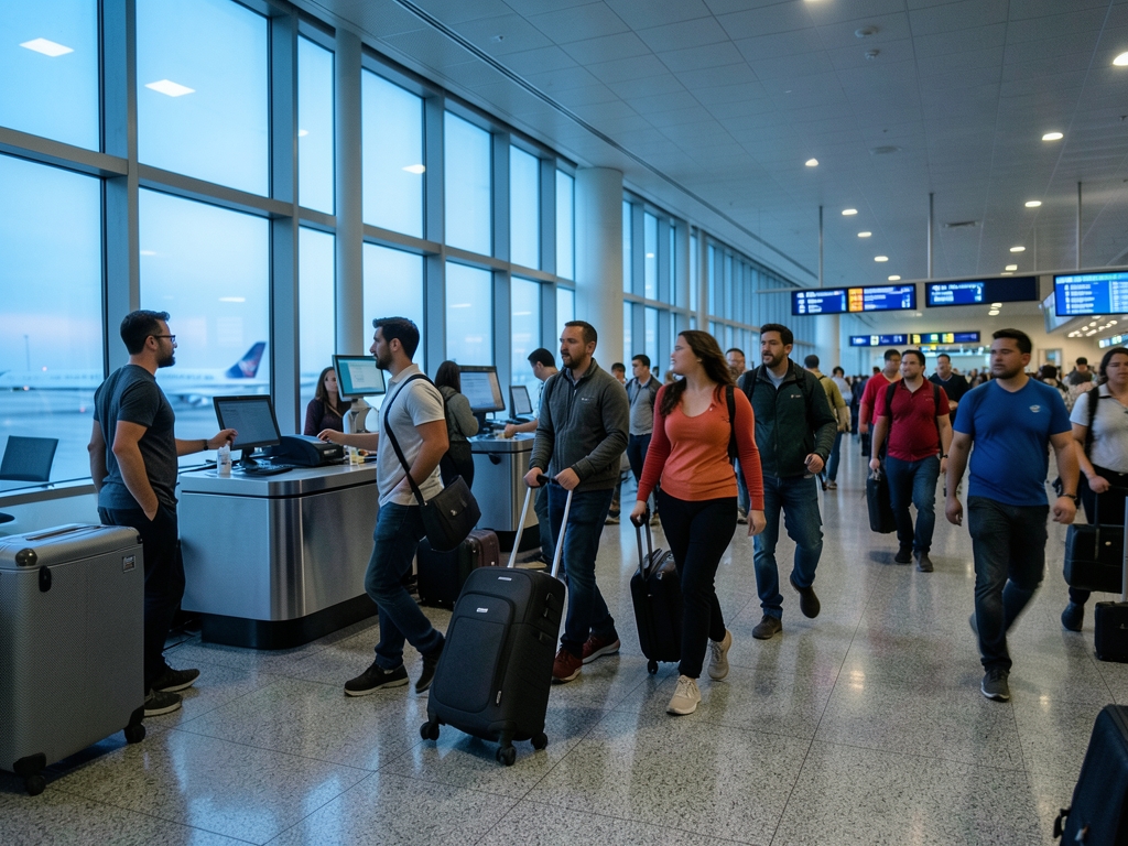crowded airport terminal dawn cool blue light filtering