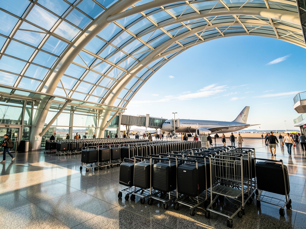 Sunlight streams through curved glass ceiling modern airport