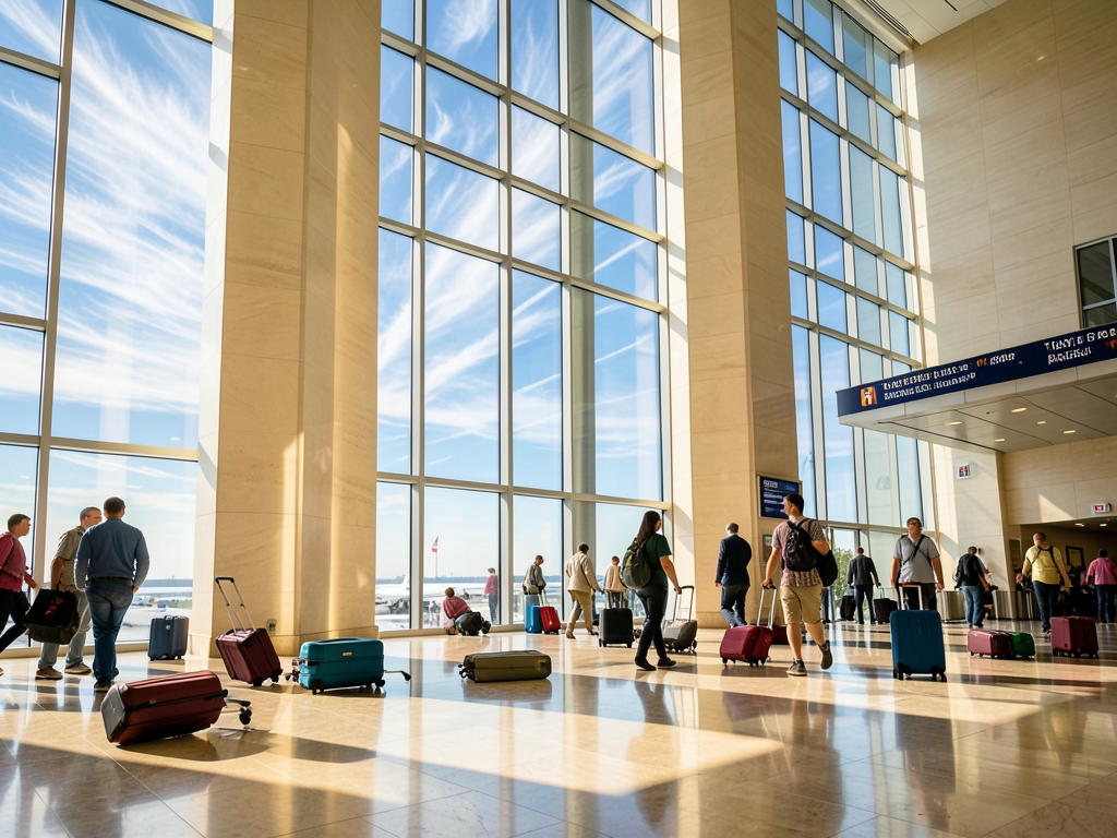 sunlit departure hall with pale limestone columns scattered