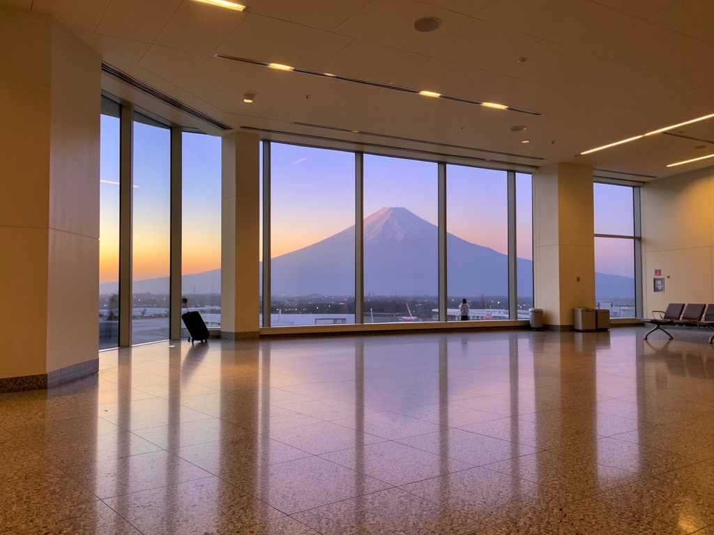 calm minimalist terminal interior with polished stone floors