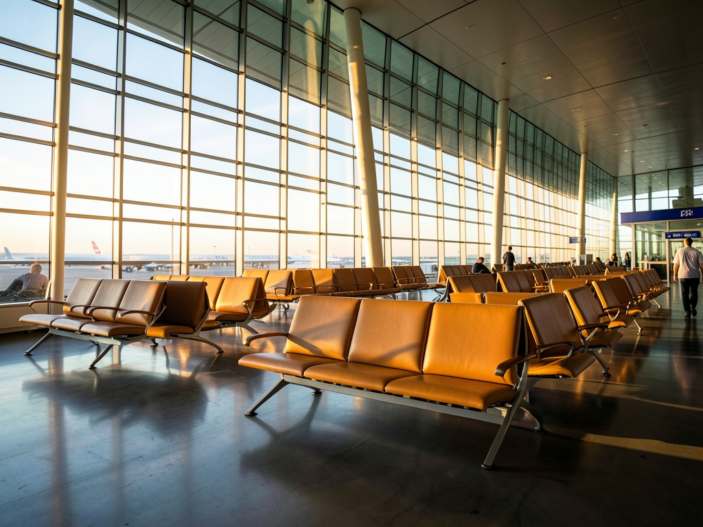 Sunlight streams through curved glass windows modern airport