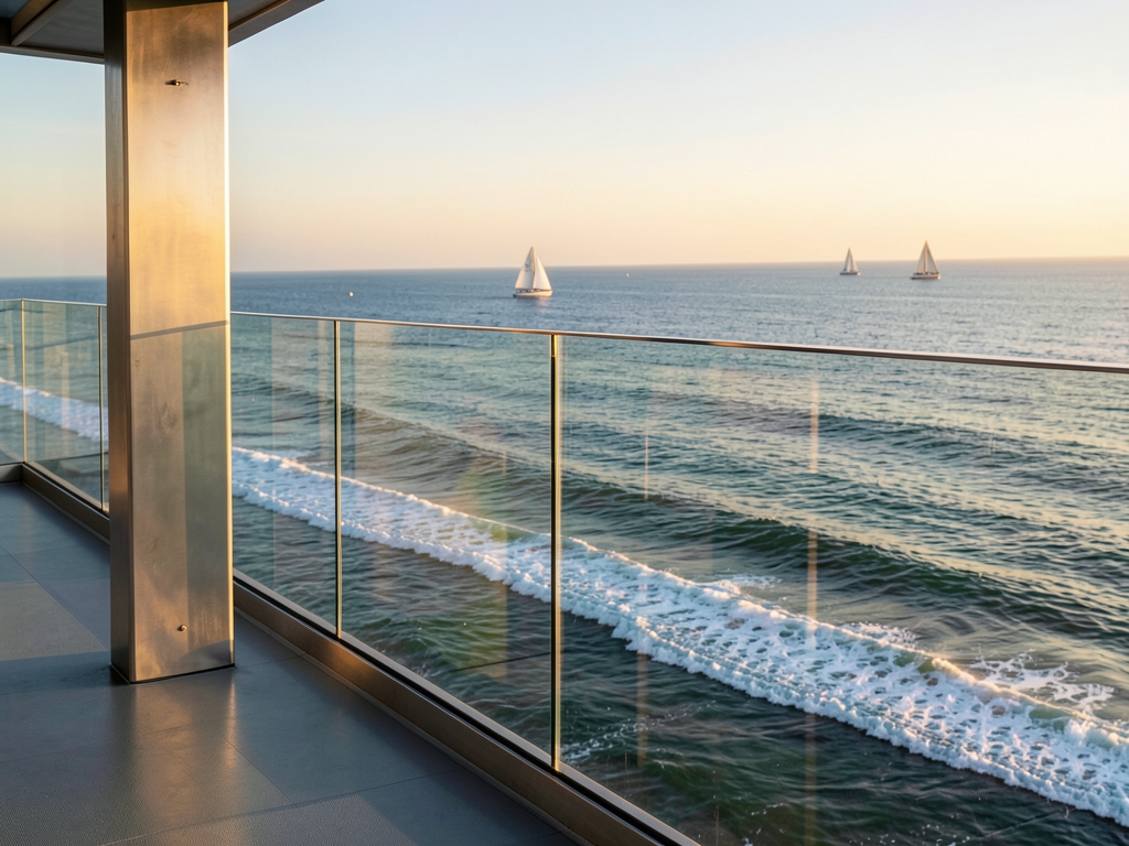 minimalist glass and steel observation deck overlooking calm ocean golden