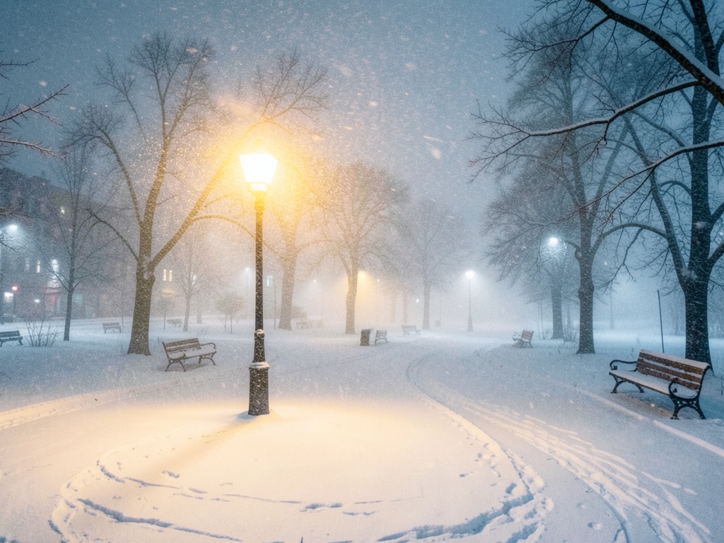 snowstorm over quiet city park night thick falling