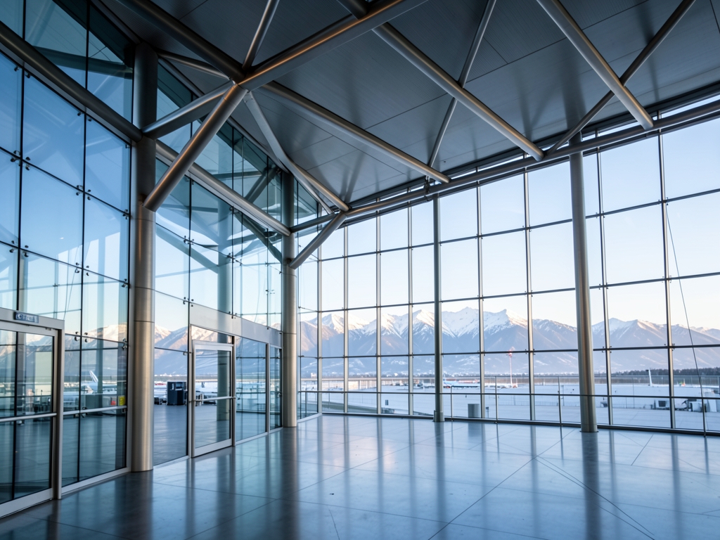 Spacious modern glass airport terminal with steel beams