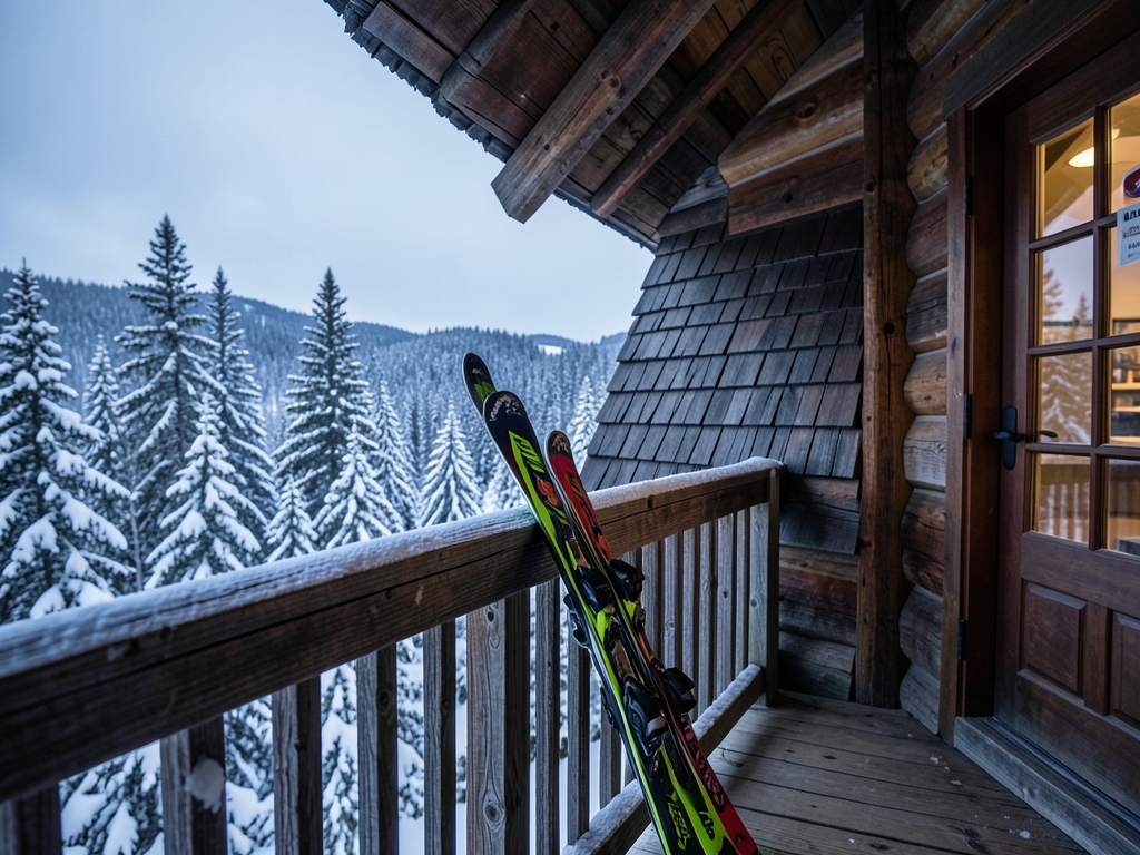 Skis resting against rustic wooden mountain lodge porch