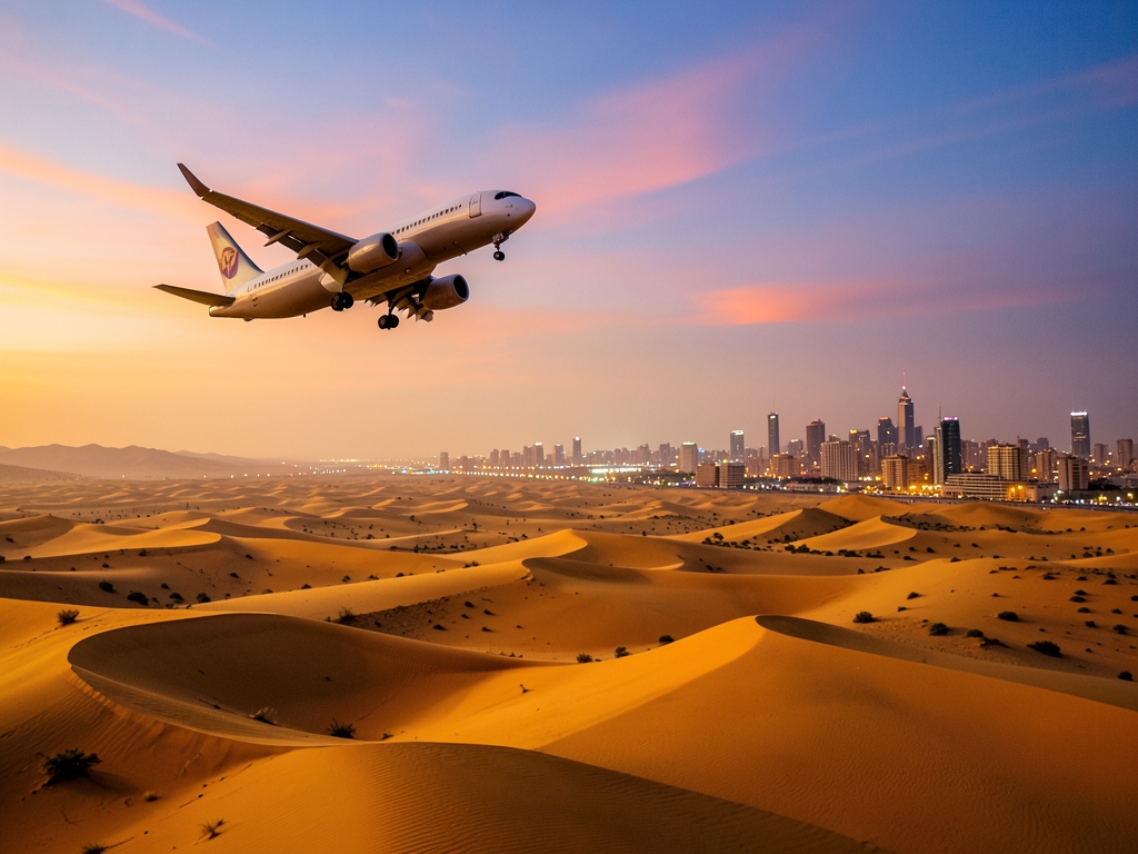 Airplane descending over golden desert landscape toward glowing
