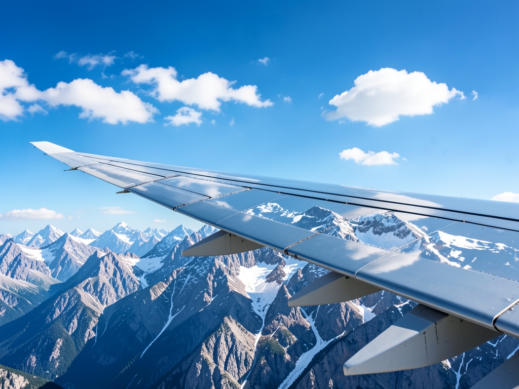 Airplane wing over snow capped Rocky Mountains bright morning
