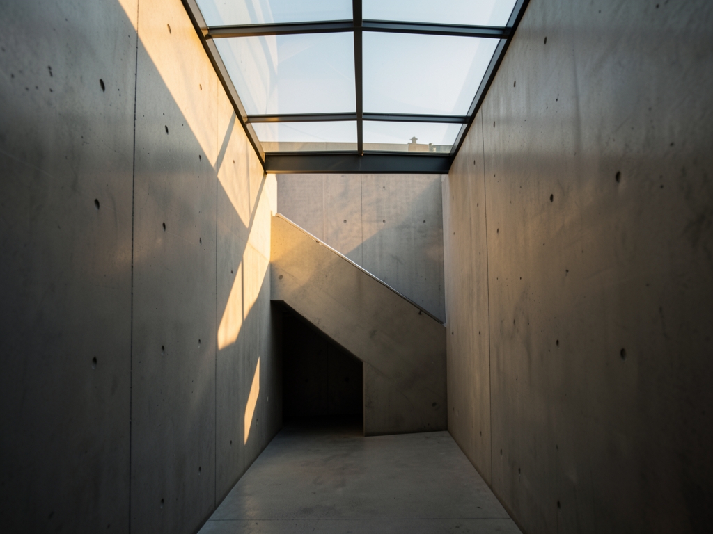 minimalist concrete and glass corridor with sharp switchback warm late afternoon
