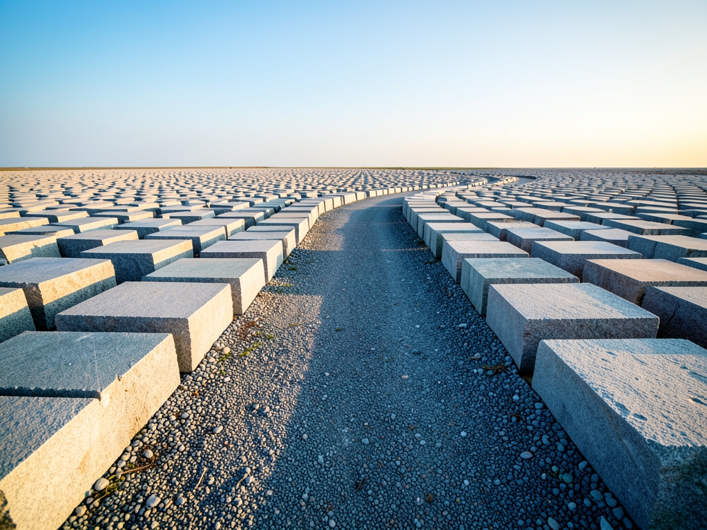 minimalist landscape winding gravel path through field identical