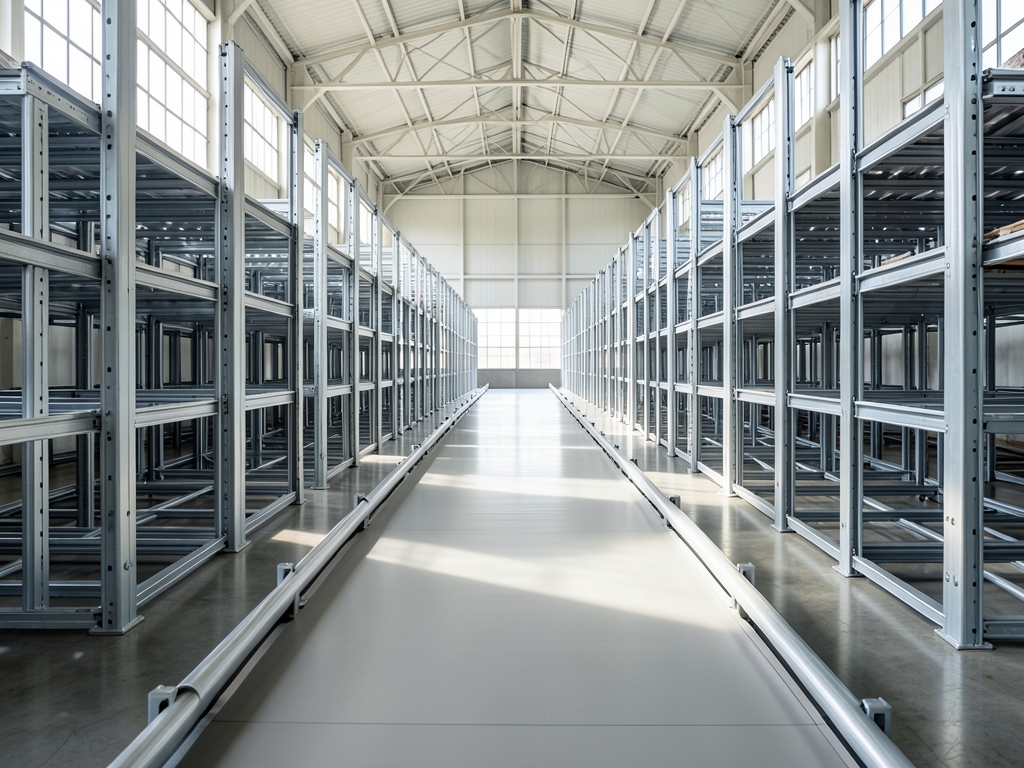 wide sunlit industrial hall with identical modular steel