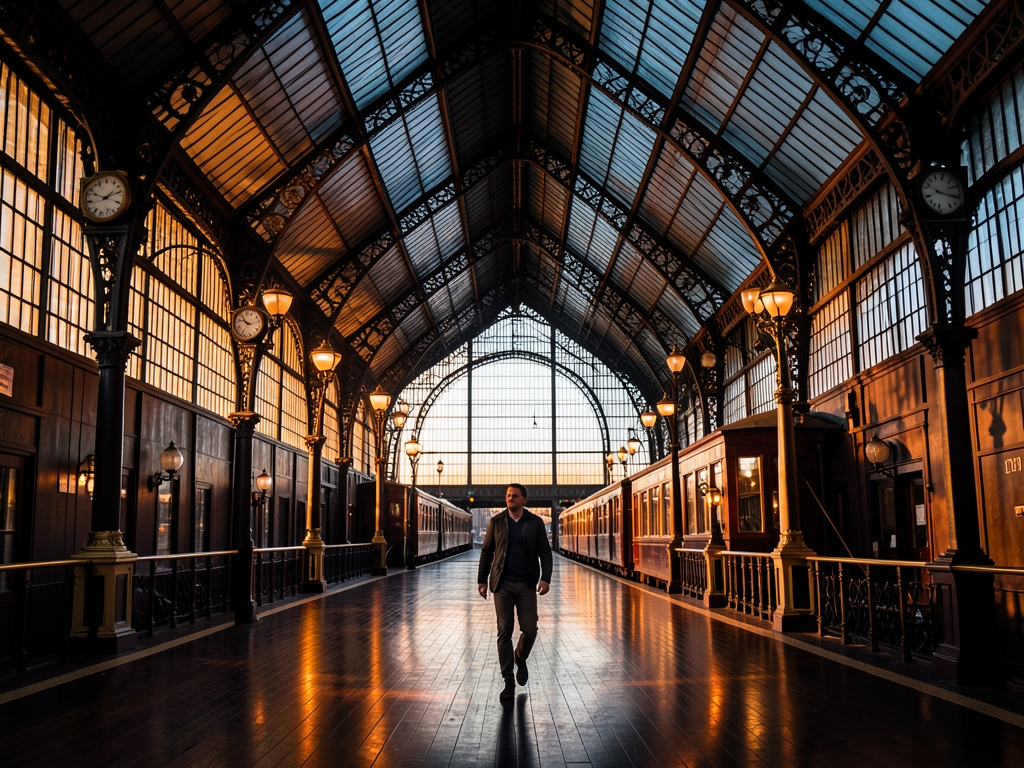 Vast iron and glass railway hall dusk golden light slanting