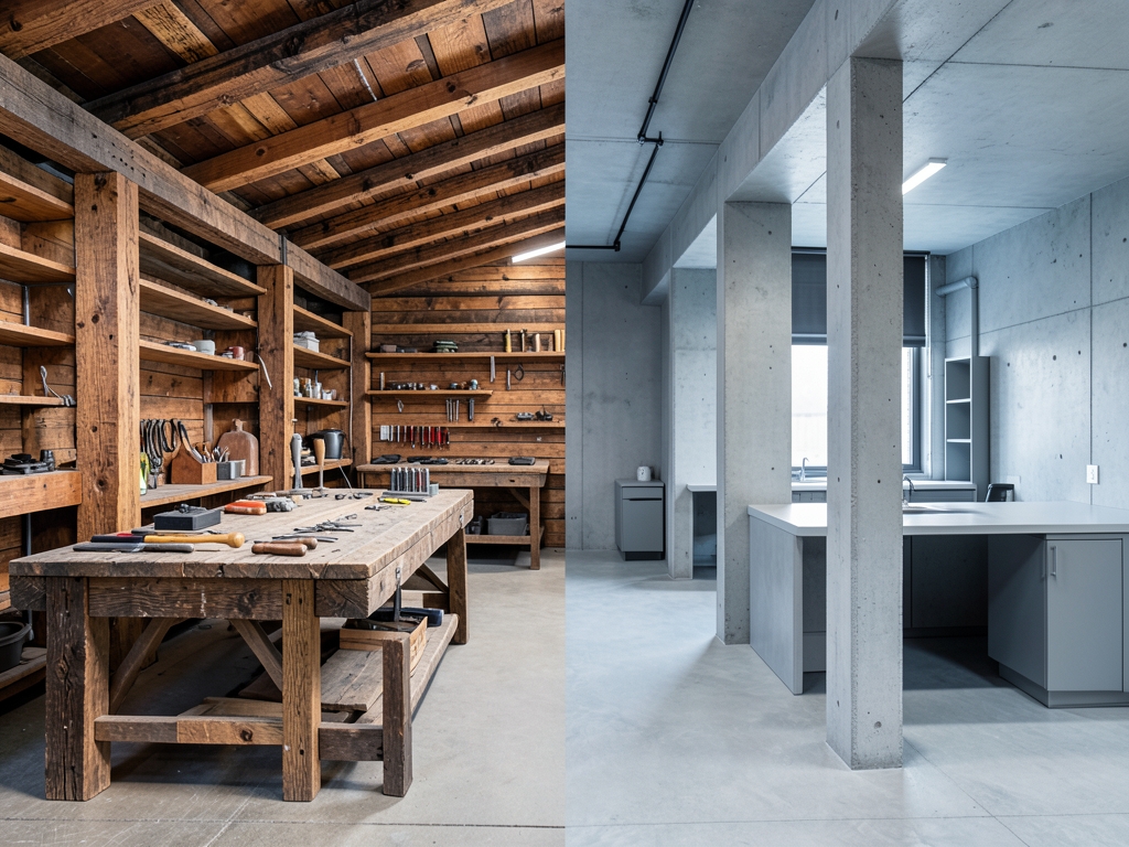 Workshop interior split between warm reclaimed timber structures