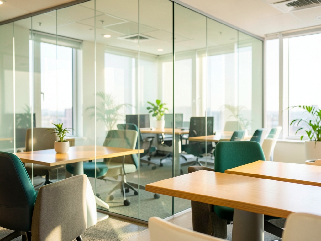 Bright modern office lounge with glass partitions tables