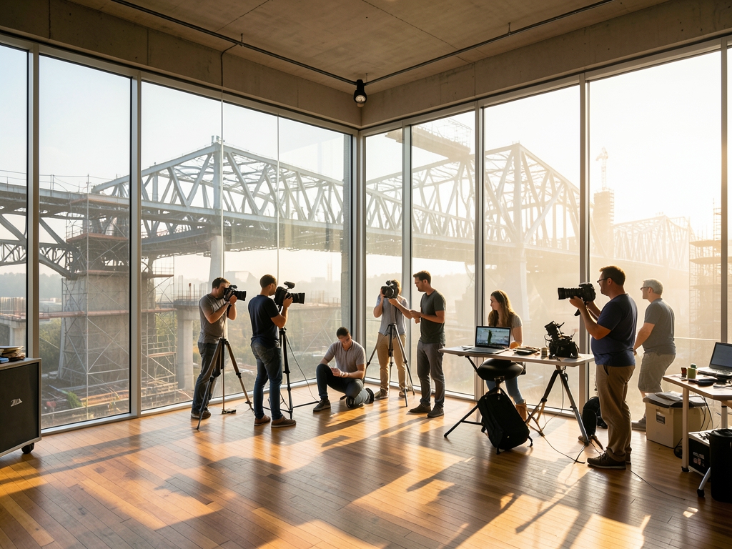 bright open studio with glass walls opening onto