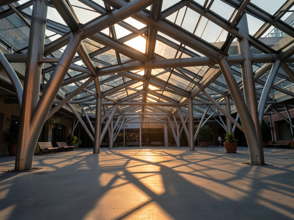 Sunlight filters through canopy interlocking steel beams glass