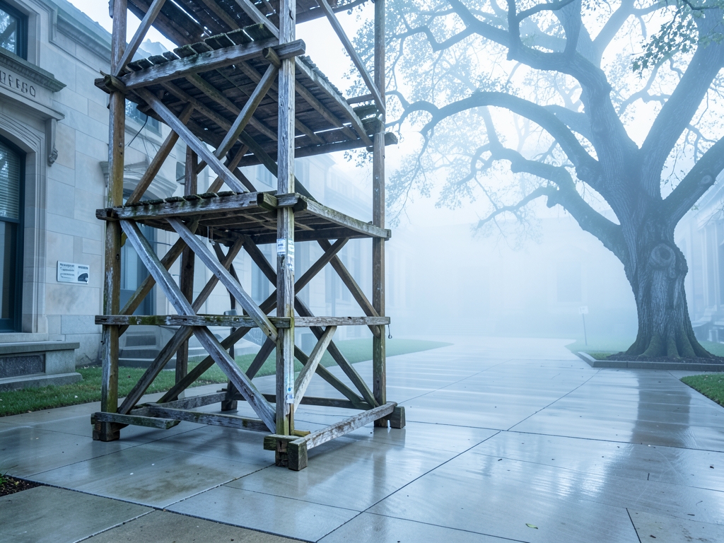 weathered timber scaffold rises beside polished stone academy