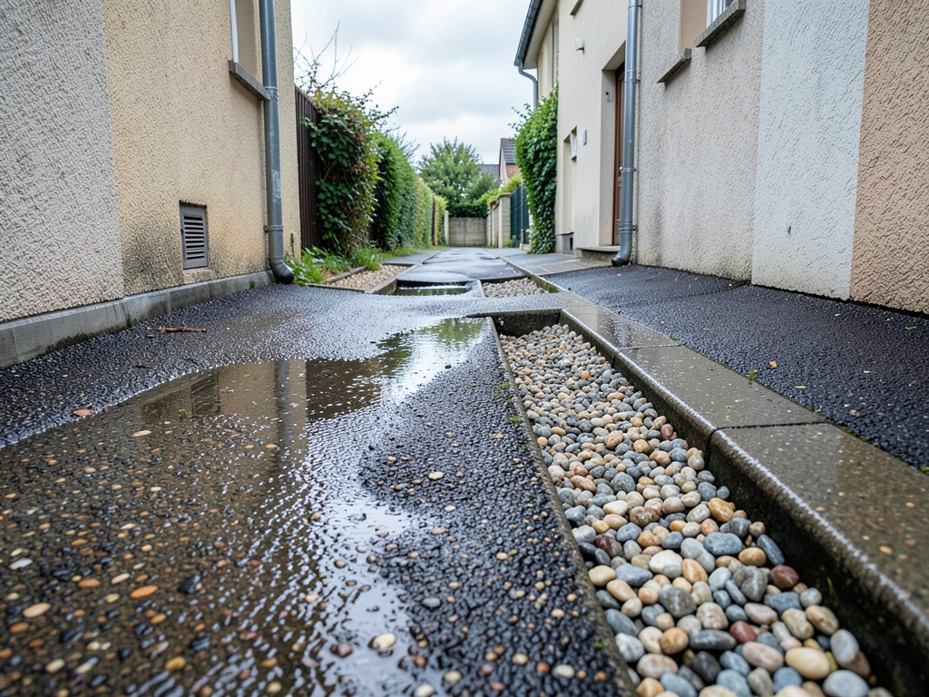 quiet residential alley with permeable asphalt gravel trenches