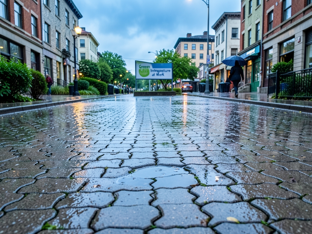 rain soaked urban street with permeable interlocking concrete pavers