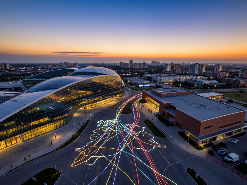 Aerial view distinct airport terminals twilight massive geometric