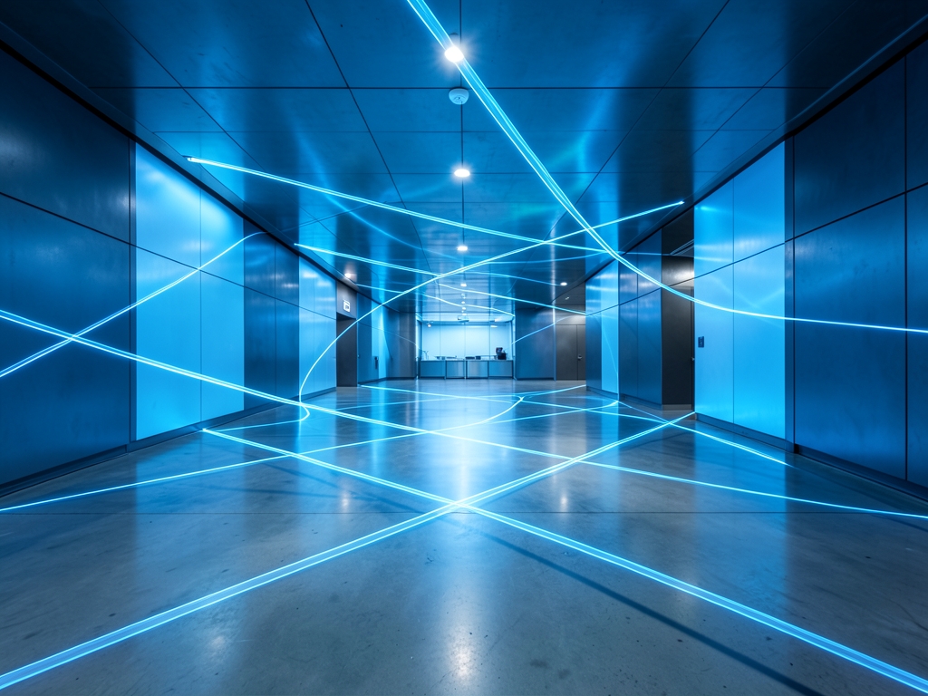 Interior perspective sleek futuristic concourse bathed cool blue