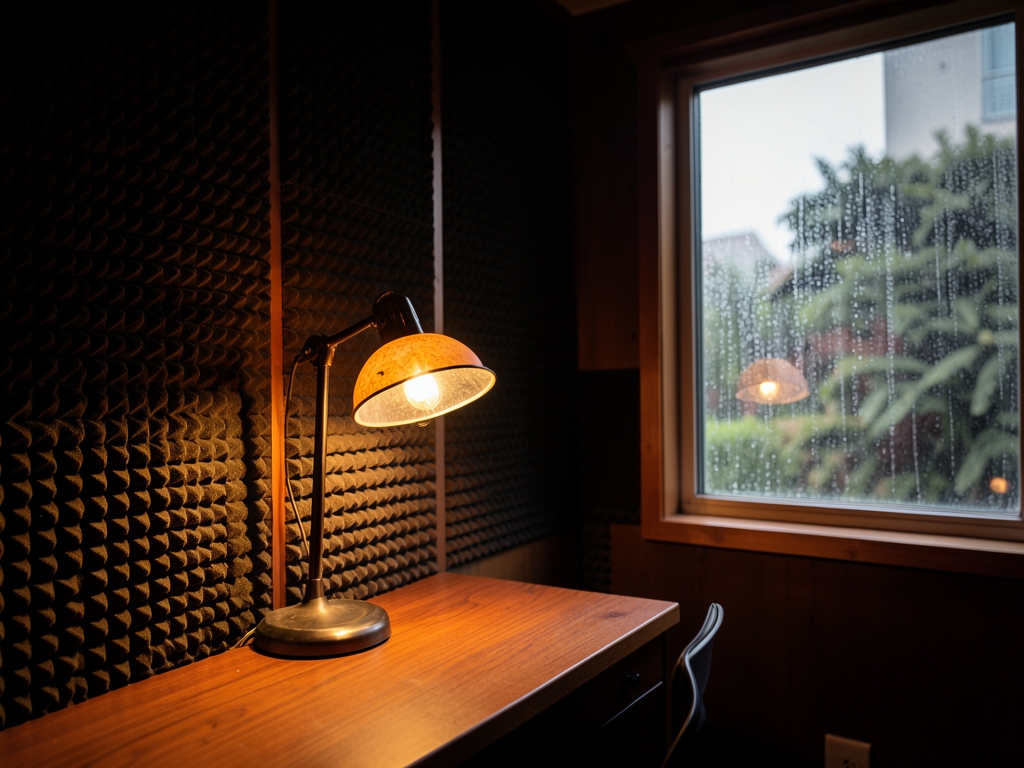 dimly wooden recording studio with thick acoustic foam