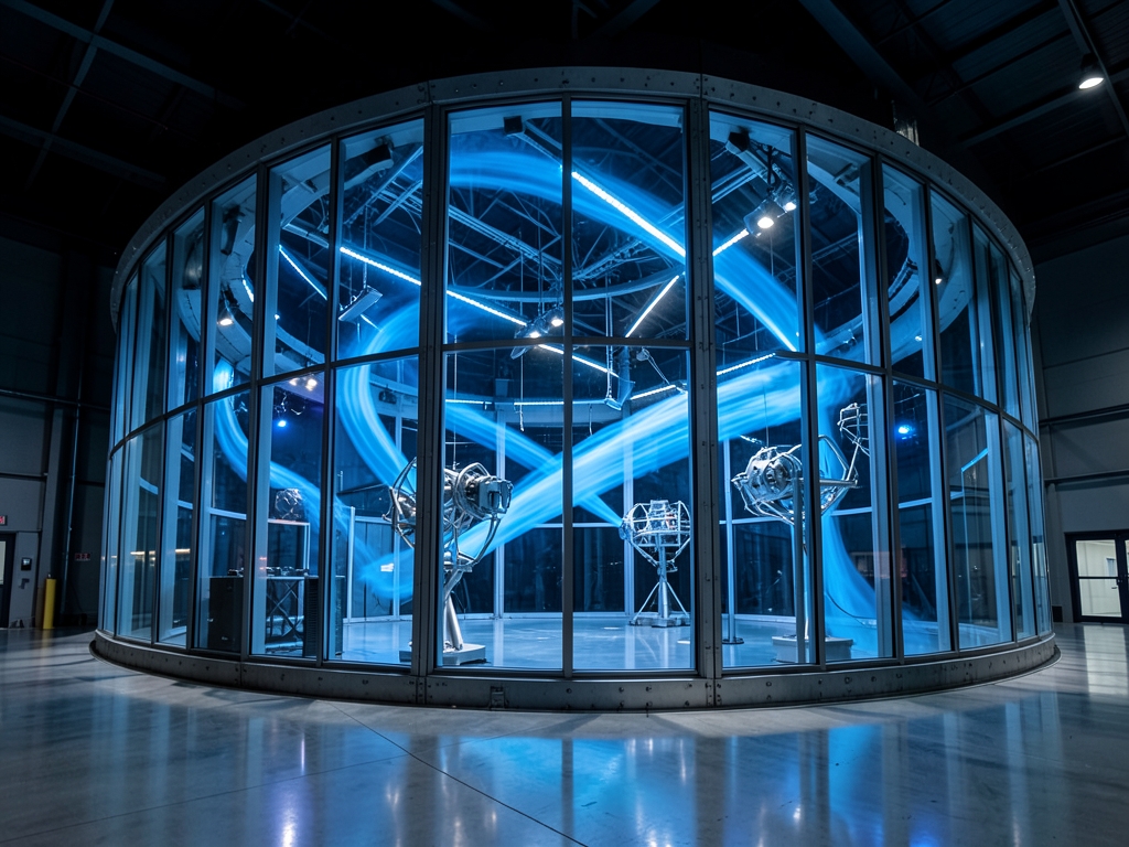 Giant cylindrical wind tunnel chamber with translucent glass