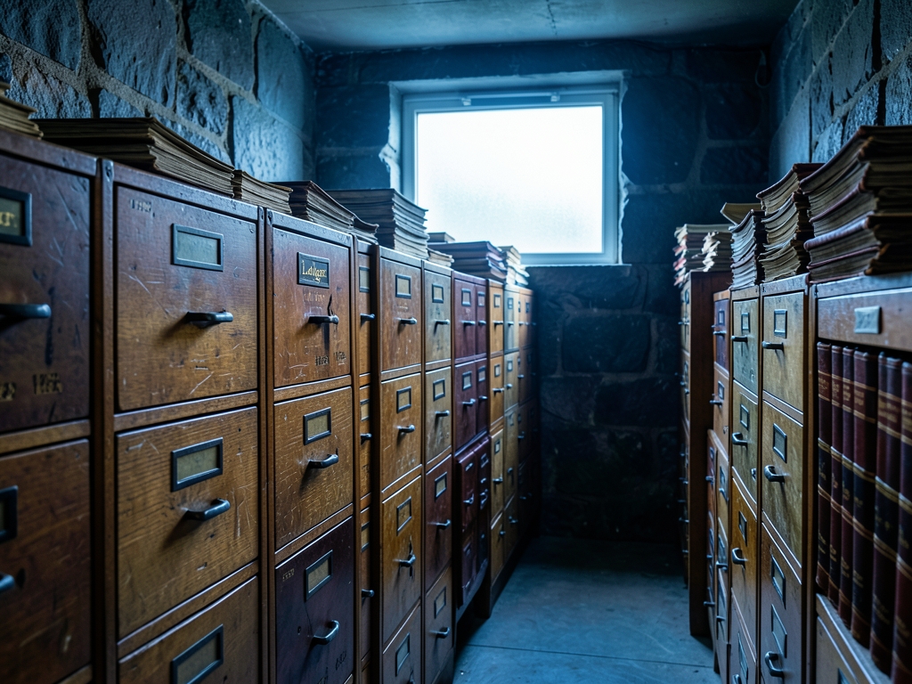 dimly basement storage room filled with rows wooden