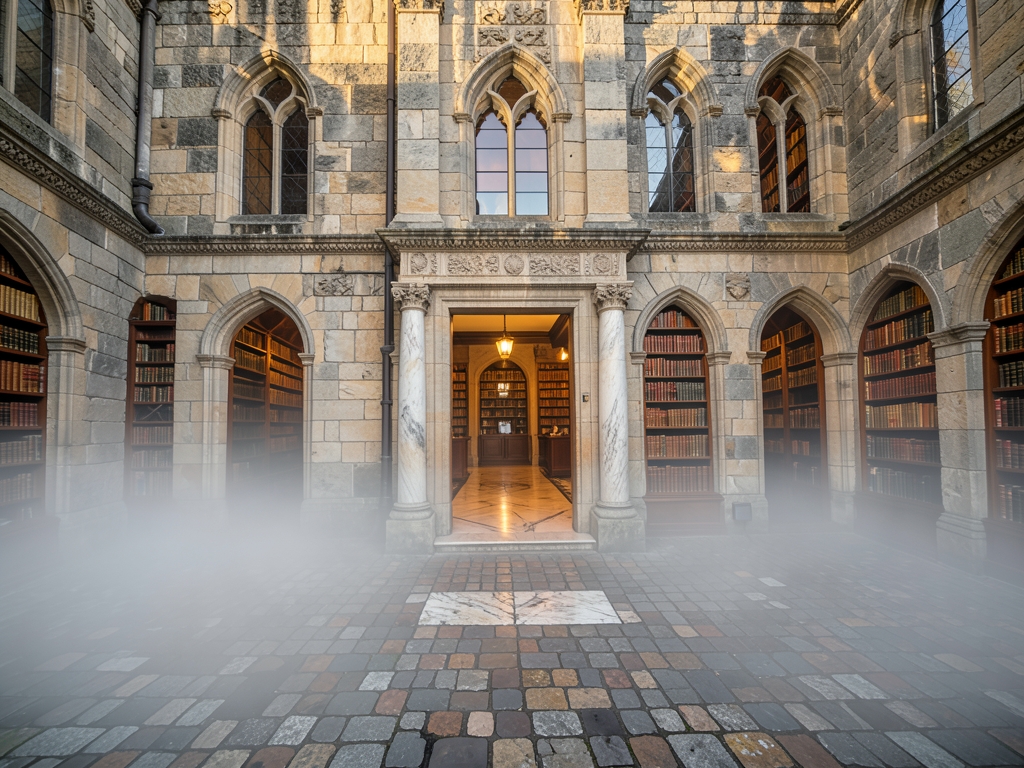 grand stone archive building dawn soft golden light