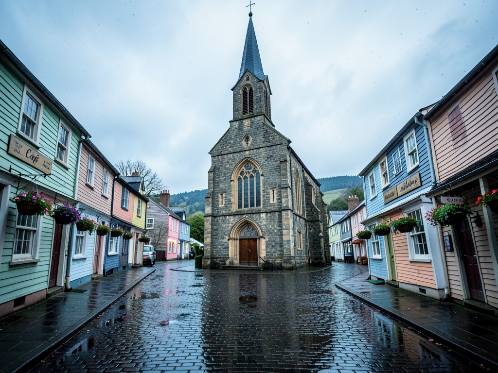 small rural town square with stone church clapboard
