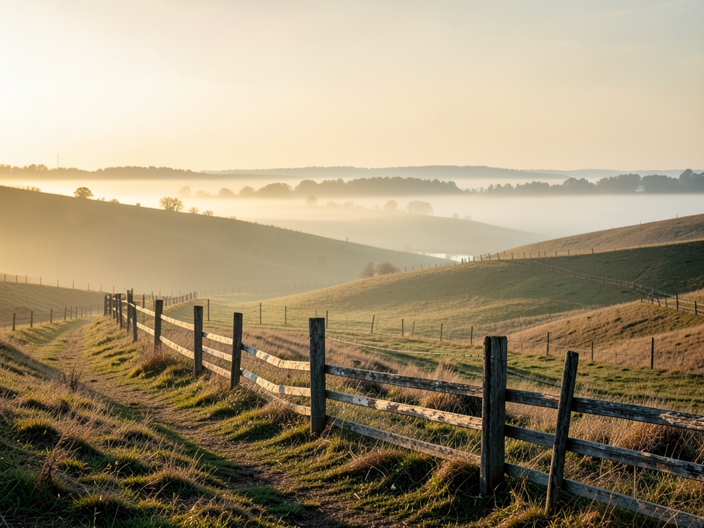 wide Civil battlefield dawn with rolling hills fog