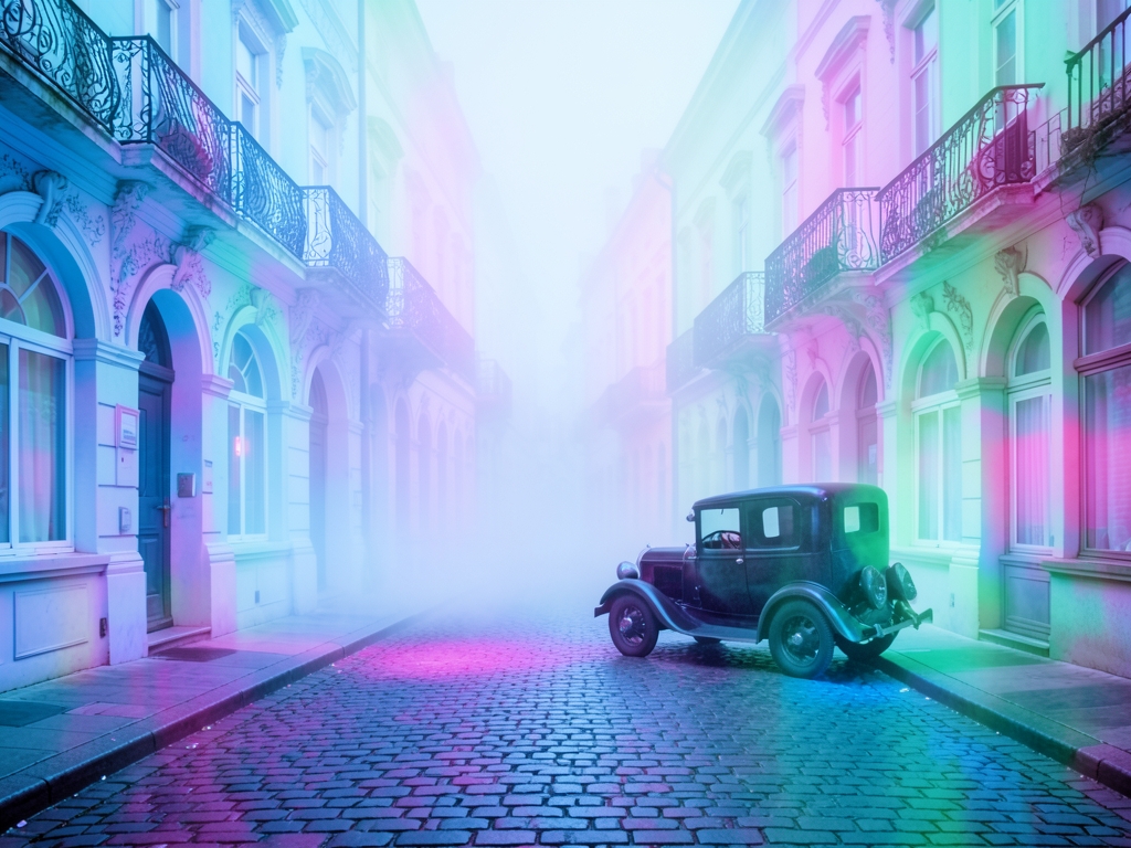 Mist shrouded 1920s cobblestone street with vintage automobile where