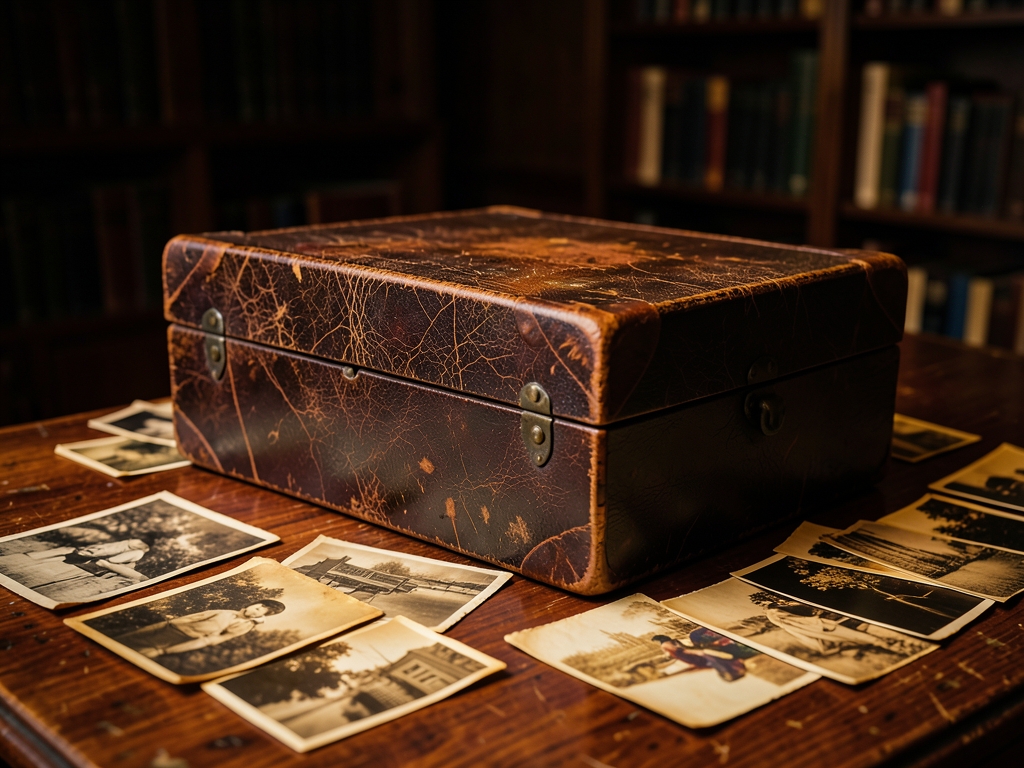 Cracked leather bound archive resting wooden desk beside scattered