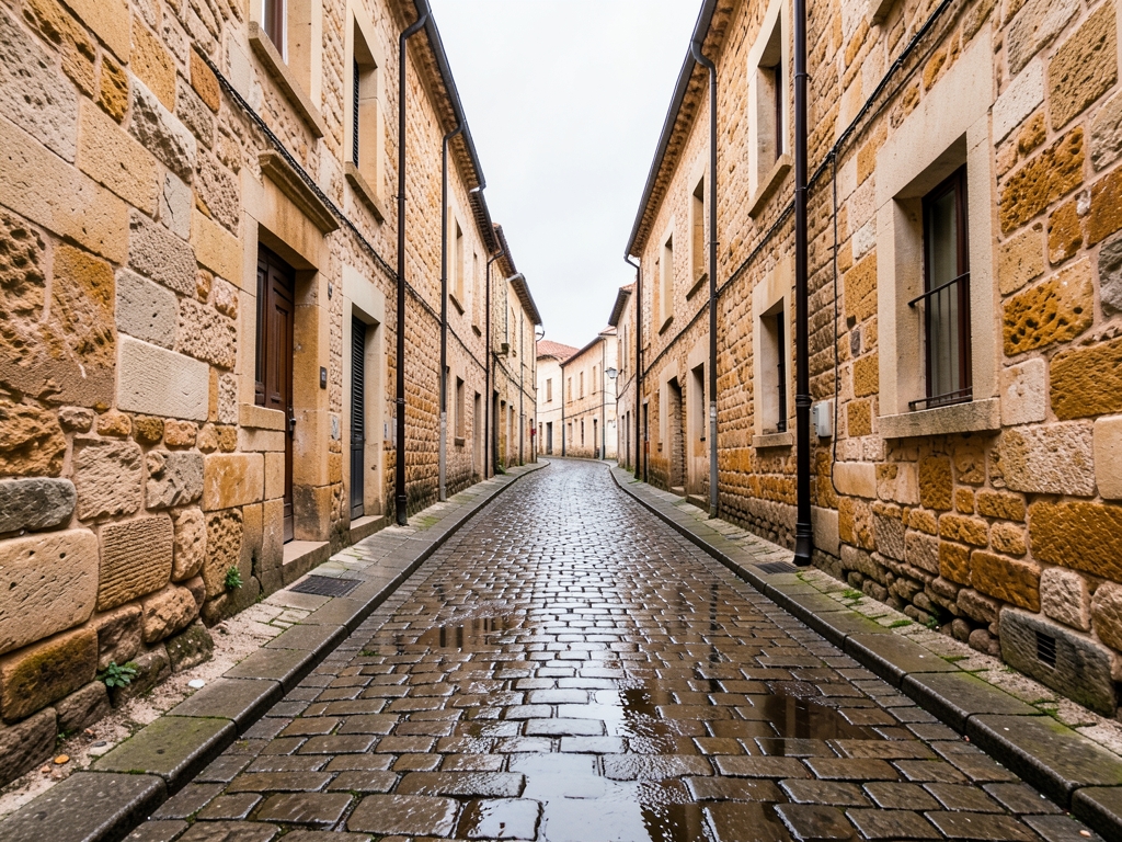 wide view narrow cobblestone street lined with weathered