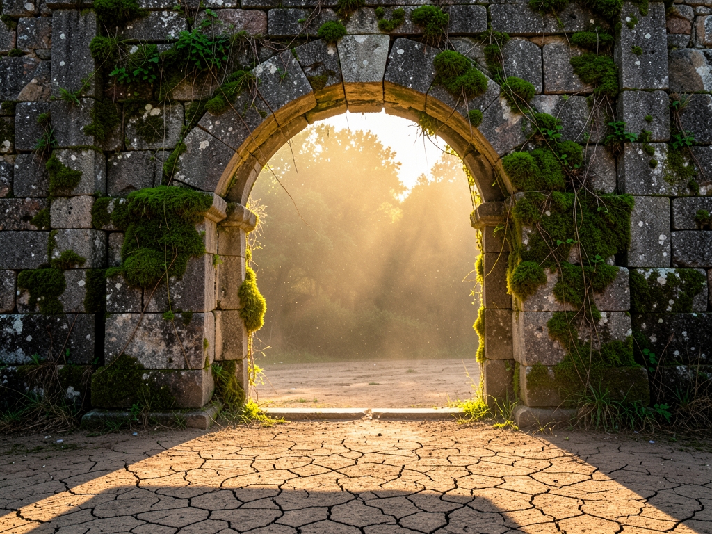 sunlit ancient stone archway partially covered moss warm