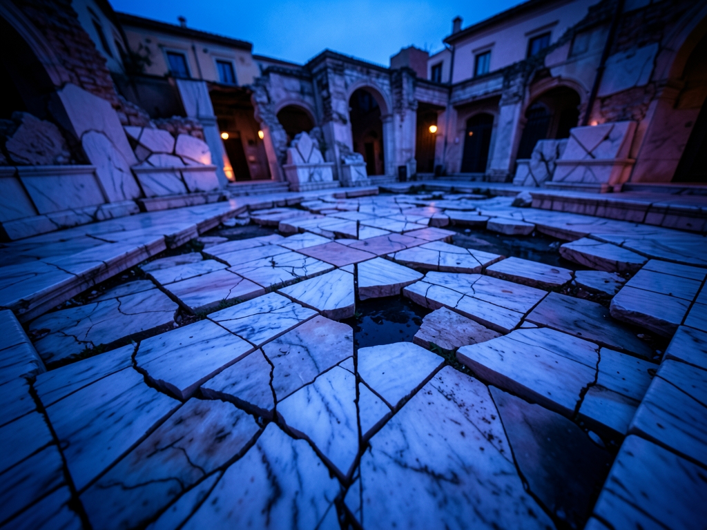 crumbling marble courtyard dusk fractured tile patterns repeating