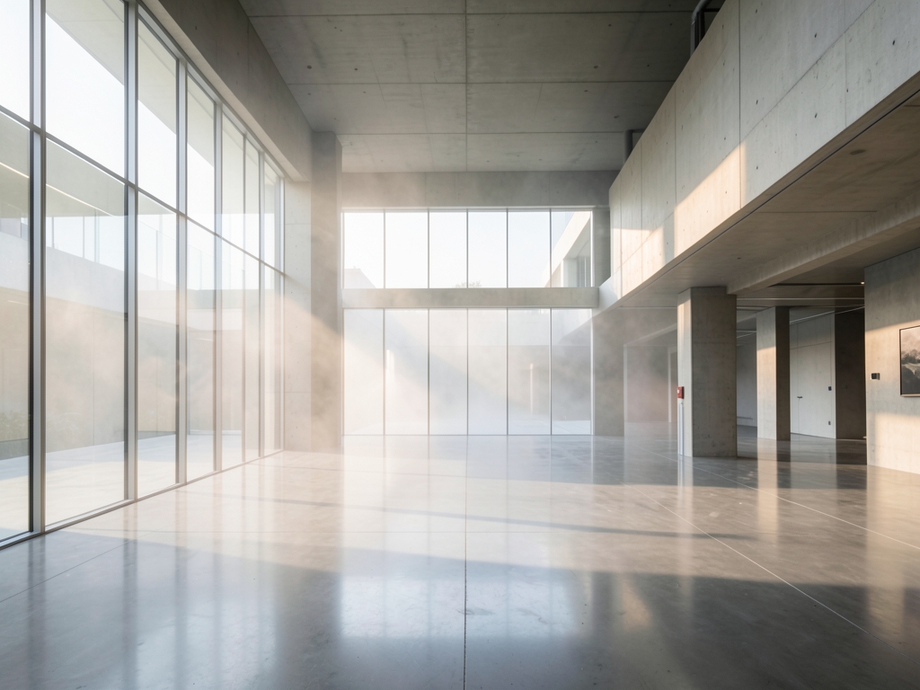 vast concrete atrium flooded with pale morning light