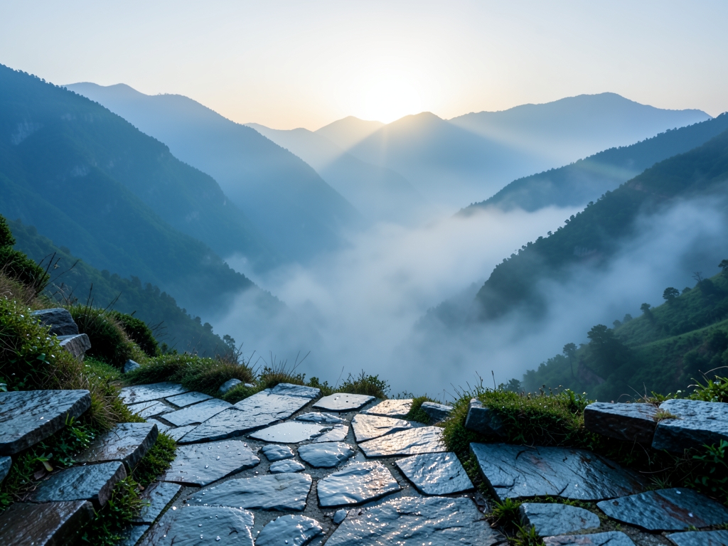 fog draped mountain valley dawn layered ridgelines fading into
