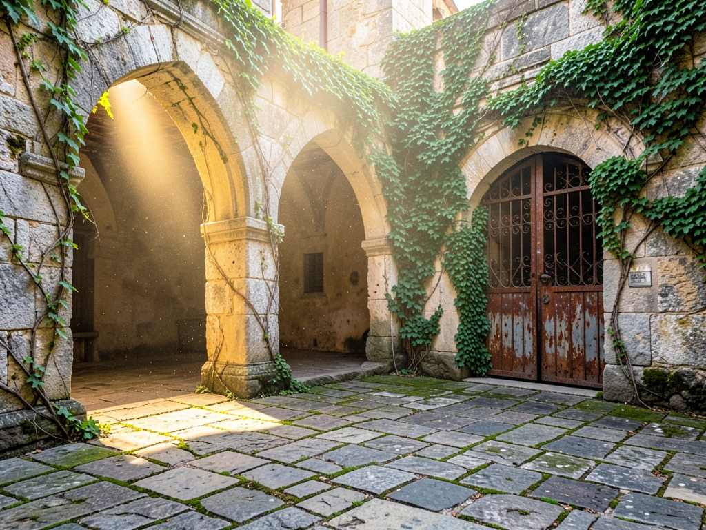 Sun drenched medieval stone courtyard with weathered arches ivy