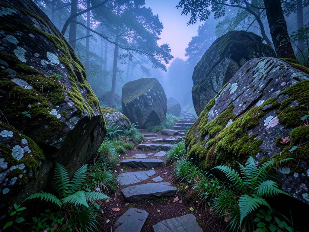 Misty forest path winding through ancient moss covered boulders