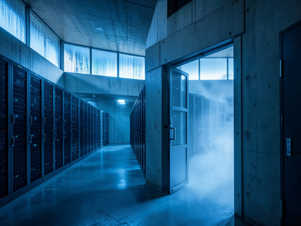 Brutalist concrete archive hall with towering server racks