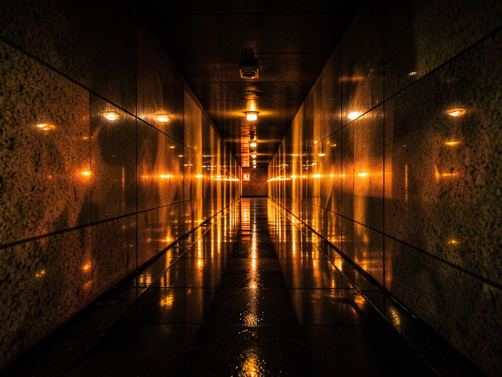 Endless corridor polished stone reflecting flickering amber emergency