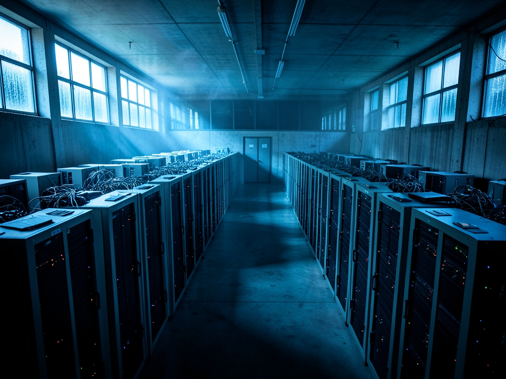 vast concrete server room with rows humming machines