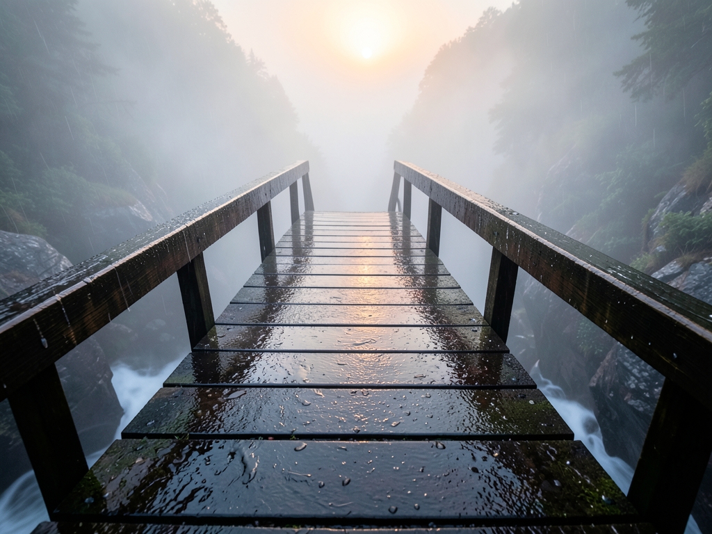 narrow rain soaked wooden footbridge over misty ravine dawn